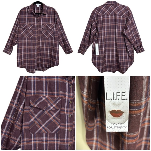 L.I.F.E. Lightweight oversized FALL🍁Flannel Button Down Women's Size Large NWT - Picture 2 of 9